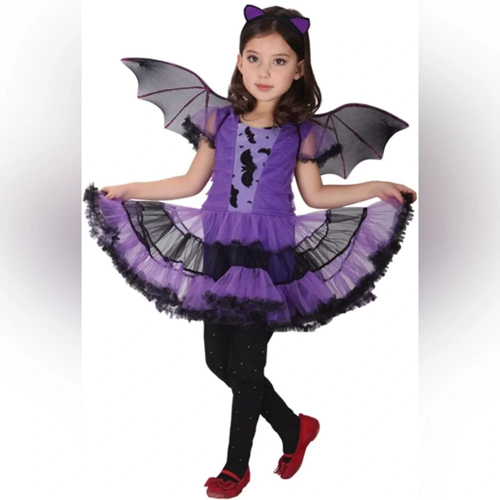 NWT Girls Bat Witch‎ Costume Halloween Cosplay Fancy Dress Up with Bat Wings L